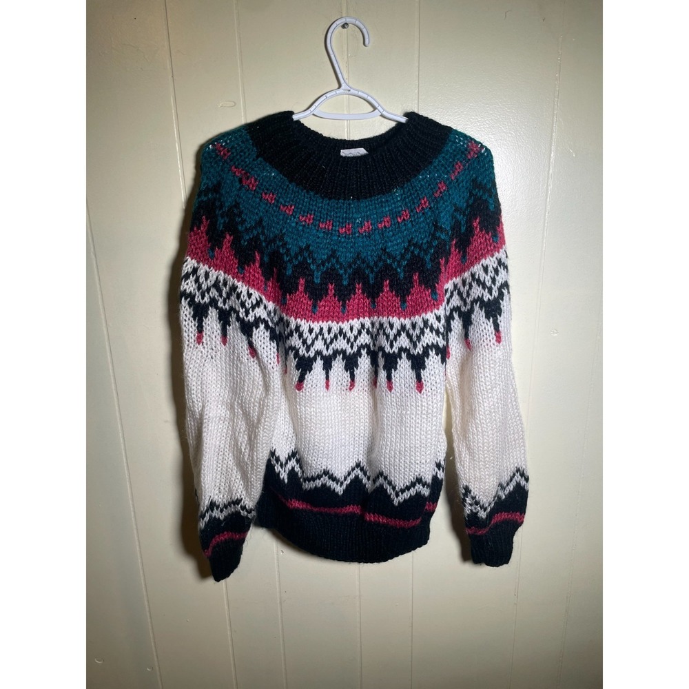 Vintage 80s Ivy Chunky Hand-Knit Fair Isle Pullover Sweater Multicolor Womens M